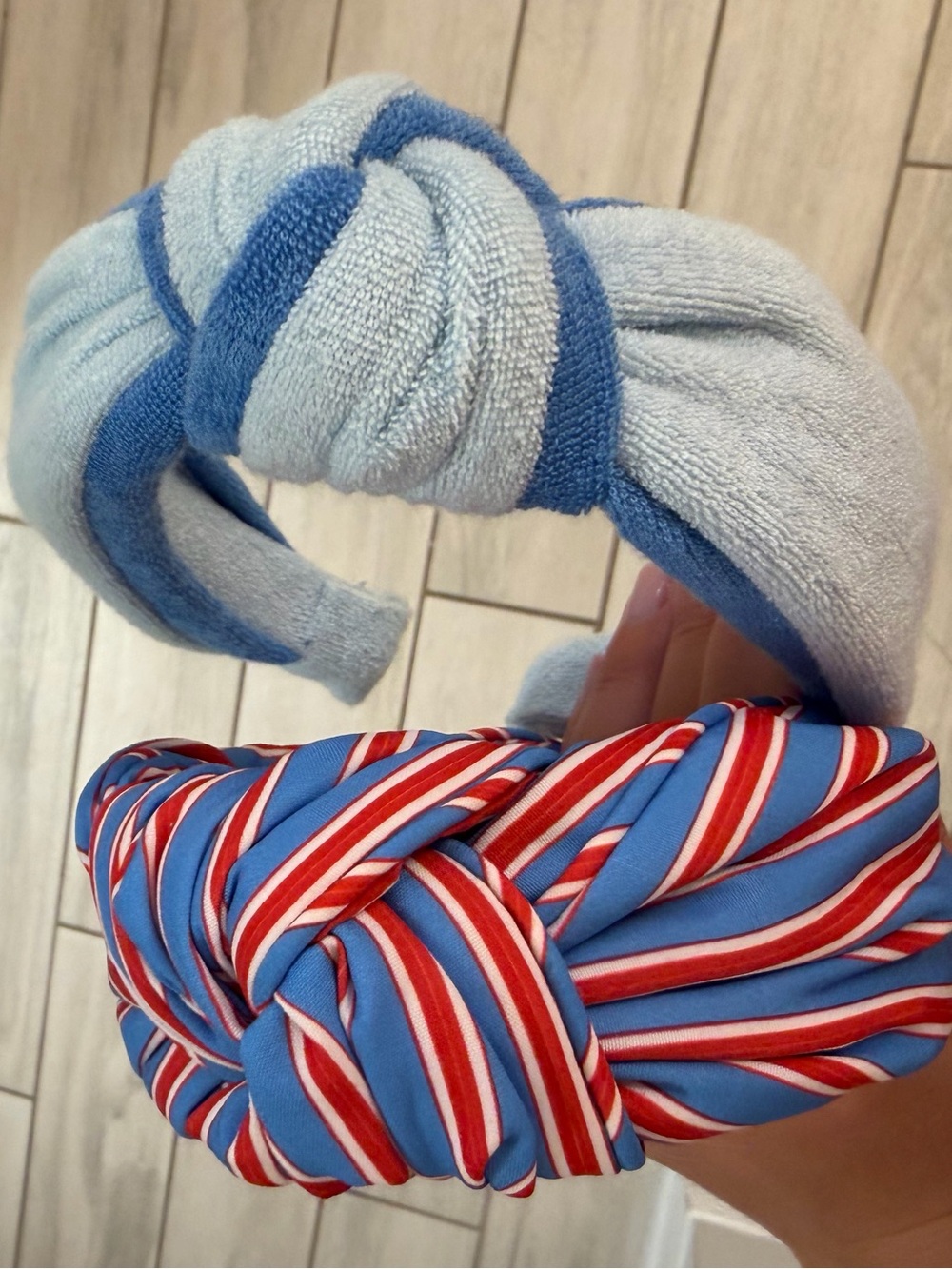 Knot Headband Duo — Light Blue Terry & Red-White-Blue Stripe